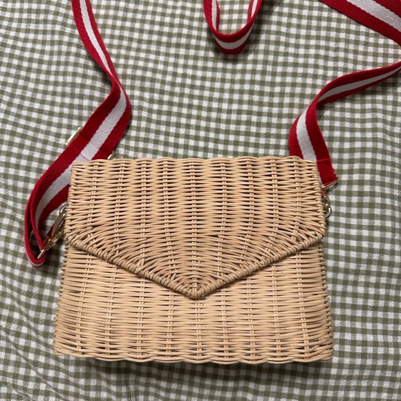 Zara Woven Basket Like Tan Crossbody Bag with Red Strap - Picture 1 of 6